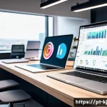 소셜 미디어 통합을 통한 웹사이트 활성화 전략 - A professional digital marketing workspace showing a modern office environment with a laptop display...