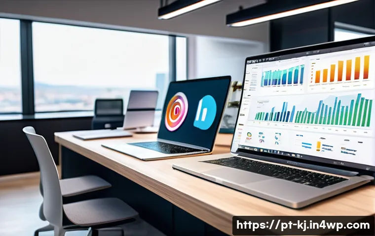 소셜 미디어 통합을 통한 웹사이트 활성화 전략 - A professional digital marketing workspace showing a modern office environment with a laptop display...