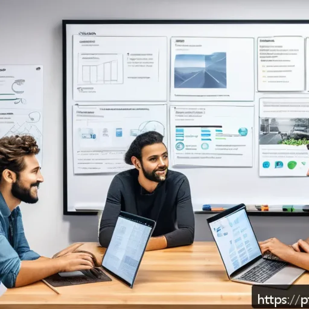 JavaScript 프레임워크 비교  React vs  Vue - A modern office workspace scene illustrating a software development team collaborating on a React an...