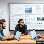 JavaScript 프레임워크 비교  React vs  Vue - A modern office workspace scene illustrating a software development team collaborating on a React an...