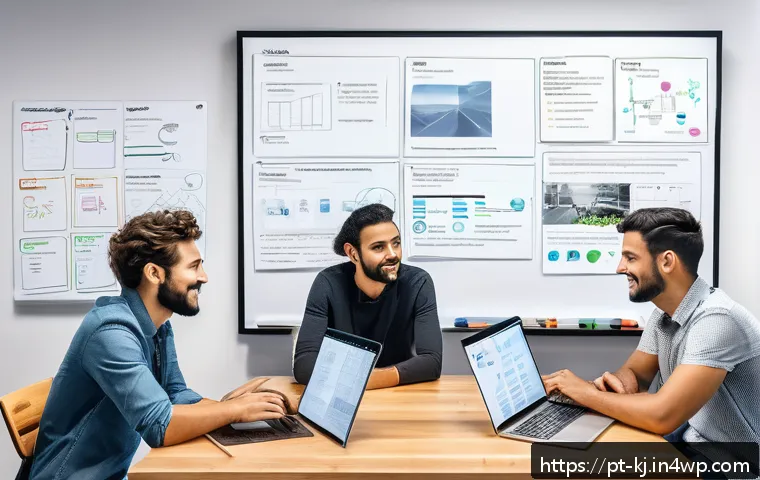 JavaScript 프레임워크 비교  React vs  Vue - A modern office workspace scene illustrating a software development team collaborating on a React an...