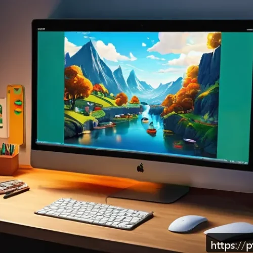 HTML5 웹 게임 개발 예제 및 가이드 - A vibrant and detailed 2D HTML5 game development scene showing a programmer’s desk with multiple mon...