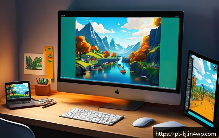 HTML5 웹 게임 개발 예제 및 가이드 - A vibrant and detailed 2D HTML5 game development scene showing a programmer’s desk with multiple mon...
